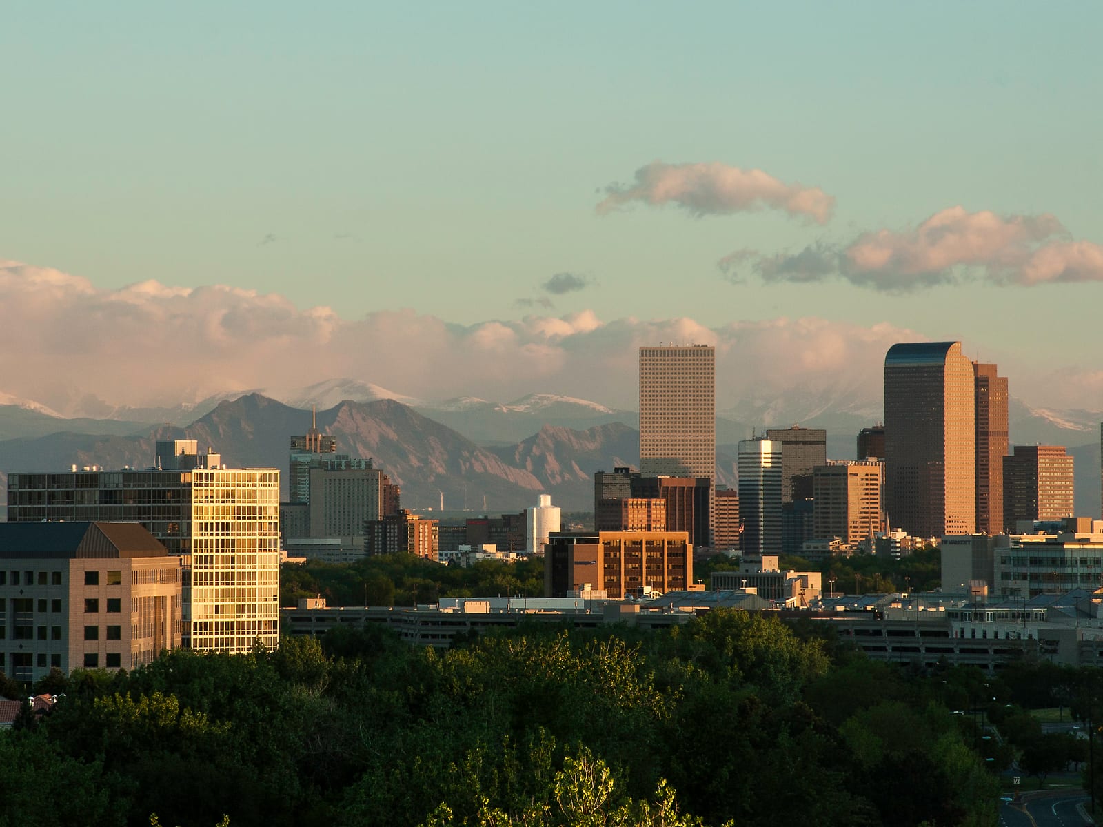 Downtown Denver skyline with the snow-capped Front Range behind